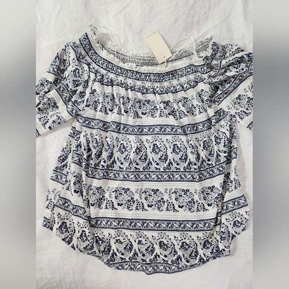 NWT Melloday women’s white and blue off shoulder half sleeve boho top - Picture 3 of 11